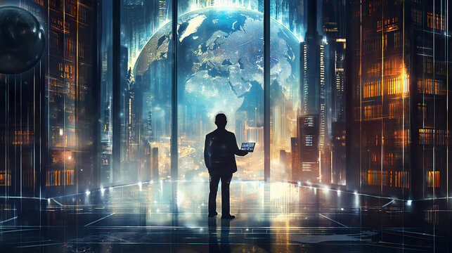 Powerful media mogul in grand office, overlooking city skyline, holding tablet with news headlines, surrounded by globe and awards, exuding authority and influence.	