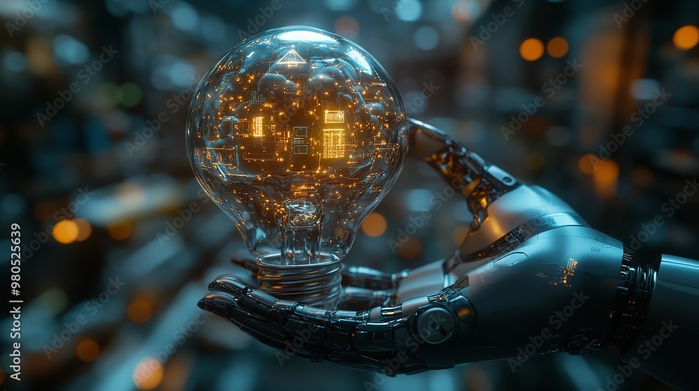 Poster human and robot hands touching digital light bulb in futuristic technology background with ai and bi