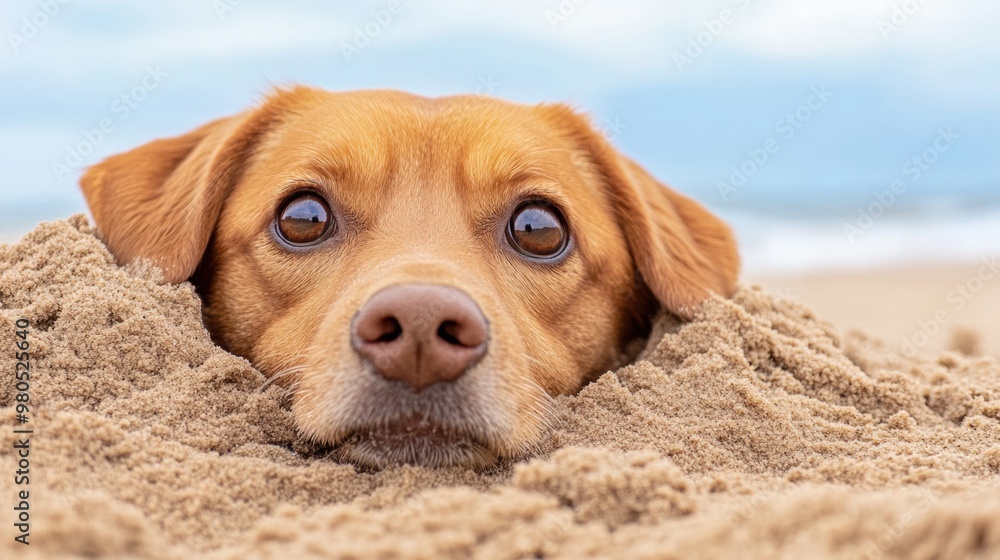 Canvas Prints A dog laying in the sand on a beach with its head sticking out, AI