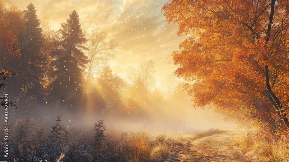 Poster golden sunlight breaks through the trees, casting warm light on an autumn path. the forest is alive 