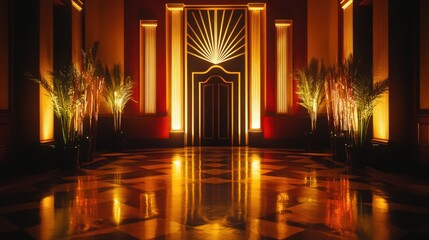 An elegant art deco interior with gold and black geometric patterns illuminated by soft lighting creating a glamorous atmosphere in a party scene