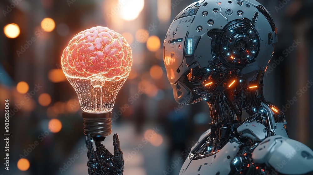 Aufkleber human and robot hands touching digital light bulb in futuristic technology background with ai and bi