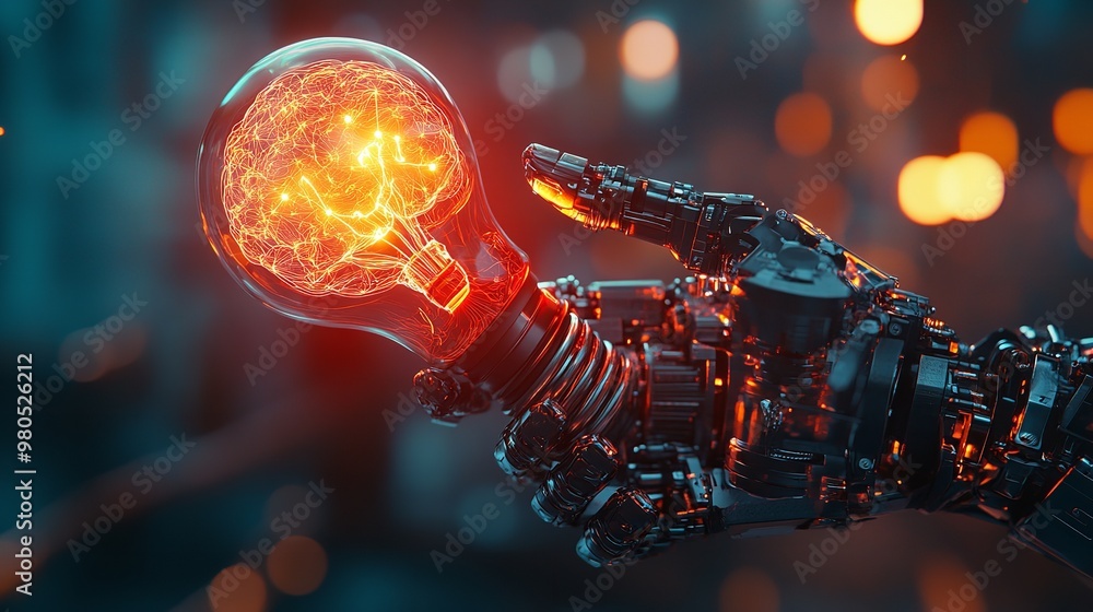 Poster human and robot hands touching digital light bulb in futuristic technology background with ai and bi