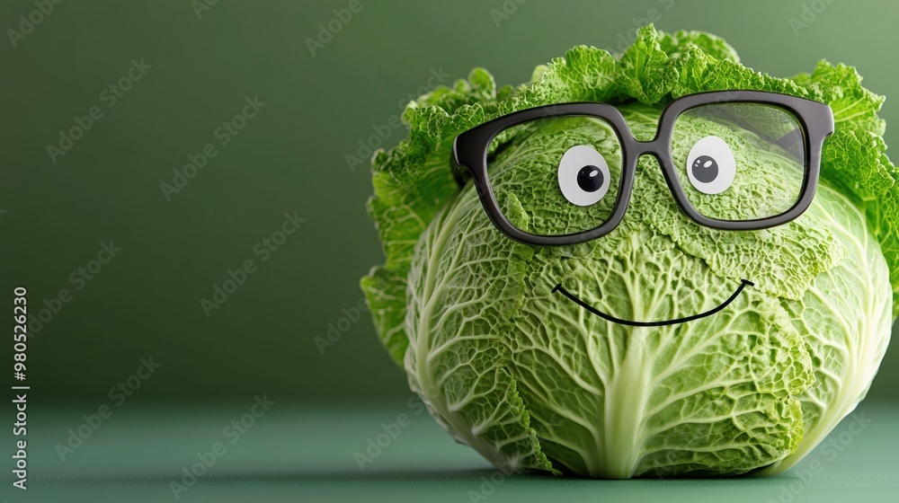 Poster A cabbage with glasses and a face on it's head, AI