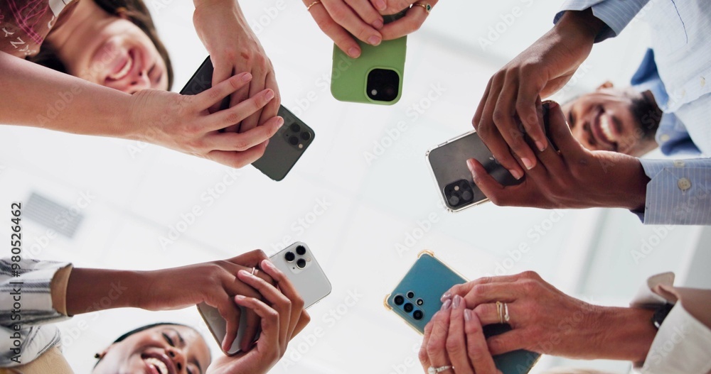 Aufkleber Business people, phone and happy for group networking in low angle for global connection or team chat. Technology, professional circle or smartphone in hands for internet website or diverse community