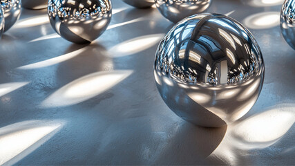 Reflective metallic objects casting long shadows under bright directional light 