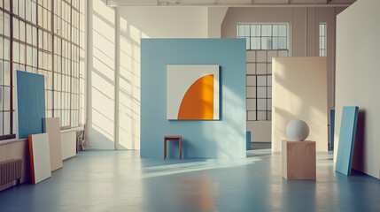 Film Still from Quiet Creations: Spacious Brooklyn Studio with High Ceilings Showcasing Minimalist Geometric Artworks in Orange and Blue