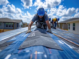 Construction workers installing shingles on the roof of a suburban house under a clear blue sky.