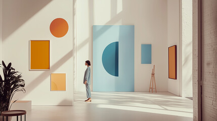 Film Still from Quiet Creations: Spacious Brooklyn Studio with High Ceilings Showcasing Minimalist Geometric Artworks in Orange and Blue