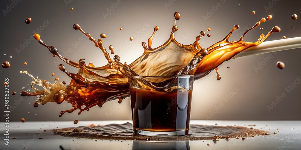 Poster coffee drink shape form droplet of espresso splashes into drop cola line tube attack fluttering in a