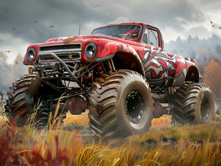A huge car on big wheels, a monster truck. Neural network AI generated art