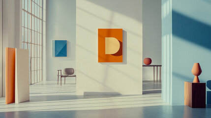 Film Still from Quiet Creations: Spacious Brooklyn Studio with High Ceilings Showcasing Minimalist Geometric Artworks in Orange and Blue