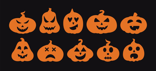 Halloween Pumpkins with Spooky Faces Set. Jack O Lantern Collection. Scary Design Elements for 31 October. Spooky, Scary and Funny Emotions for Pumpkin Characters Bundle.