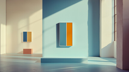Film Still from Quiet Creations: Spacious Brooklyn Studio with High Ceilings Showcasing Minimalist Geometric Artworks in Orange and Blue