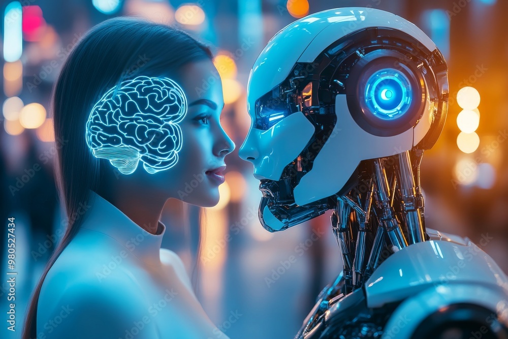 Poster human robot interaction with glowing brain hologram illustrating artificial intelligence evolution n