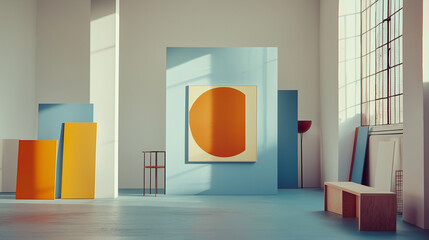 Film Still from Quiet Creations: Spacious Brooklyn Studio with High Ceilings Showcasing Minimalist Geometric Artworks in Orange and Blue