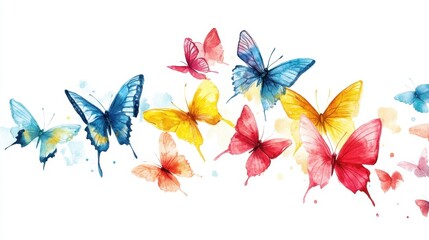 Obraz premium Colorful watercolor butterflies in flight showcasing vibrant blues yellows pinks and reds against a clean white background offering a springtime feel