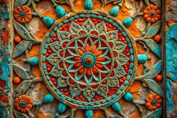 Fototapeta premium Vibrant hues of turquoise, orange, and red dance across weathered stone, revealing intricate patterns and textures that evoke ancient earthy wisdom and mystical charm.