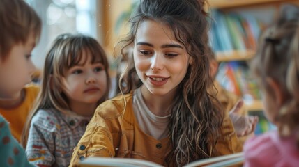 Young woman reading storybook to attentive children in a cozy library setting, surrounded by colorful books and engaging kids.