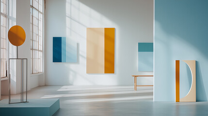 Film Still from Quiet Creations: Spacious Brooklyn Studio with High Ceilings Showcasing Minimalist Geometric Artworks in Orange and Blue