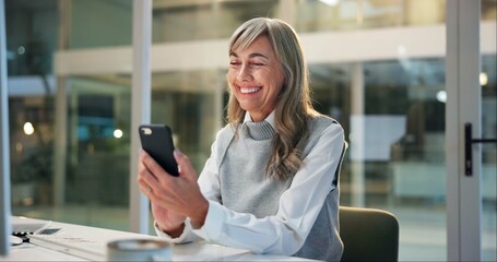 Mature woman, office and typing on phone for online chat, business communication or contact at...