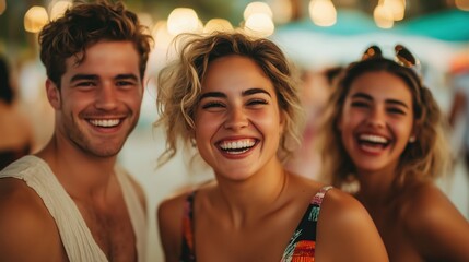 Fototapeta premium A group of happy friends laughing and sharing a joyful moment, capturing the essence of togetherness and fun. Ideal for promoting friendship, social gatherings, and youthful energy.