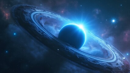 Obraz premium Stunning cosmic scene featuring a planet surrounded by a glowing blue ring, set against a starry backdrop. Perfect for sci-fi and astronomy enthusiasts.