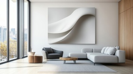 Spacious living room with modern art mural featuring fluid shapes and bold colors.