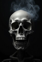 Fototapeta premium Scary evil skeleton skull with smoke on black background. Halloween and Day of the Dead concept. No Smoking campaign