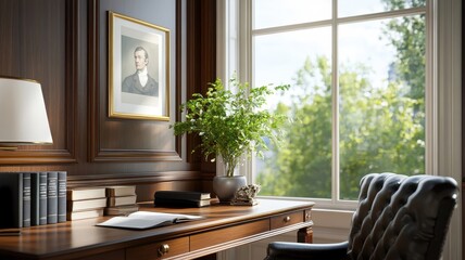 Fototapeta premium Cozy study with warm walnut paneling and antique decor.