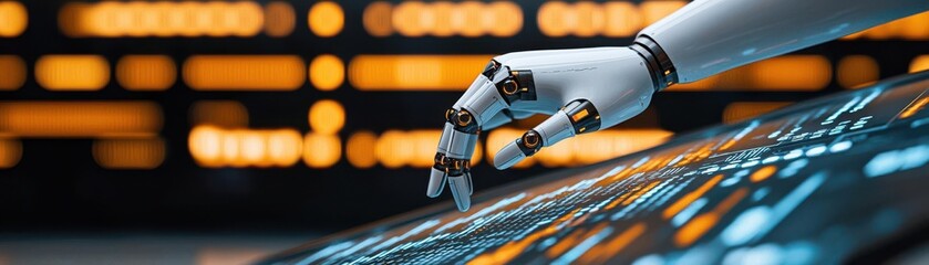 A robotic hand executing a trade through a digital console in a futuristic financial market, automation, AI trading execution