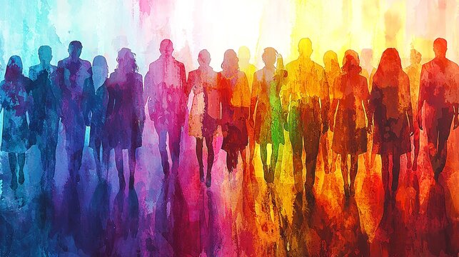 Group of people. LGBT Seamless Pattern. Silhouettes of diverse people painted in the colors of the rainbow. Pride Month.