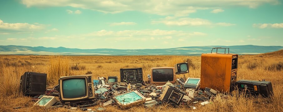 A collection of old televisions discarded in a field, showcasing the impact of technology on nature and waste management.