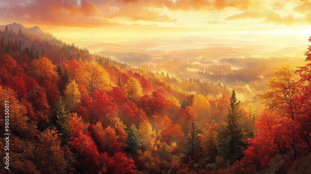 Poster a wide view of a forested mountainside during the fall. the trees are ablaze with vibrant reds, oran