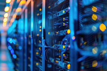 Bright server racks for cryptocurrency mining with blue lights