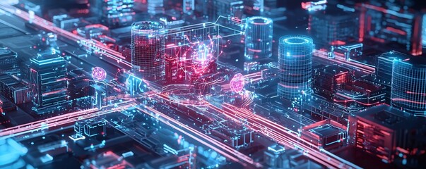 Smart AI city, digital innovation, futuristic infrastructure, holographic society