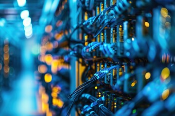 Blurred server room racks with blue light