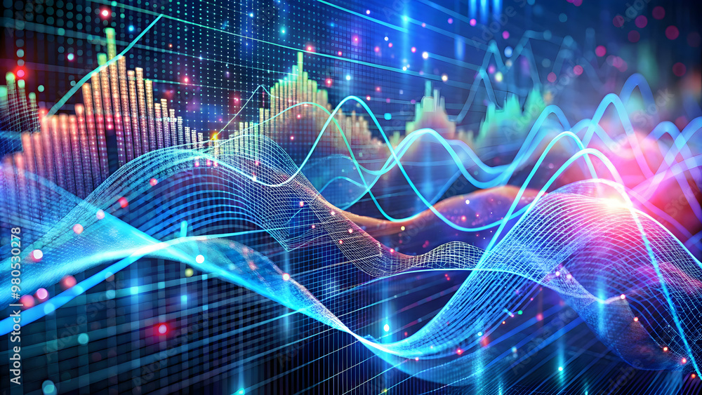 Poster digital surge: glowing waves of data illuminate the flow of financial markets, visualizing the dynam
