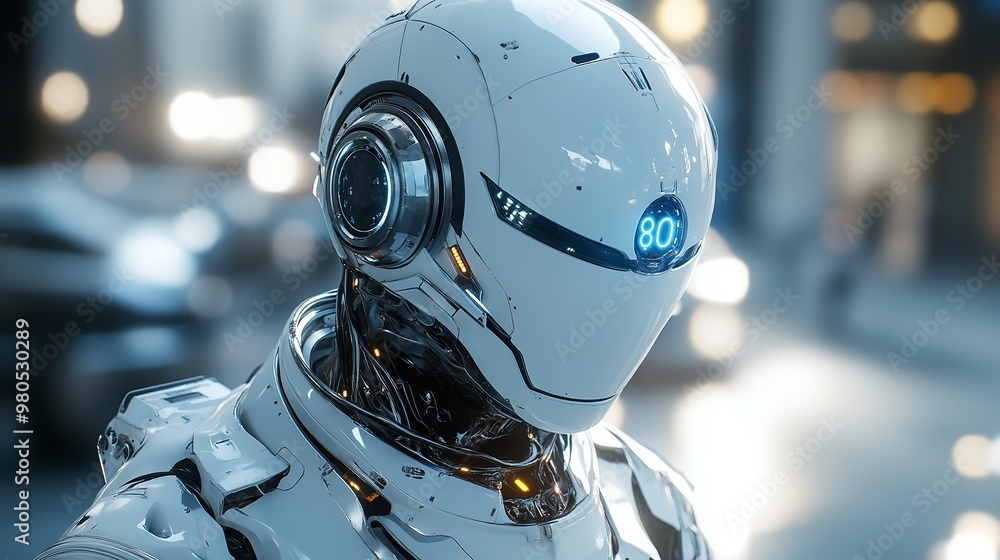Poster futuristic robot with ai technology and digital overlays for automated software - 3d illustration