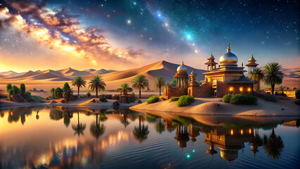 Desert Oasis: A mystical oasis in the heart of a vast desert, with golden domes reflecting in a tranquil lake under a breathtaking night sky.  The scene evokes a sense of serenity, wonder, and the bea