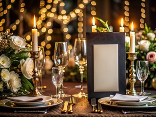 Luxurious fine dining table setting with elegant menu invitation card mockup, ornate decorations, and empty black copy space for romantic wedding or special occasion.
