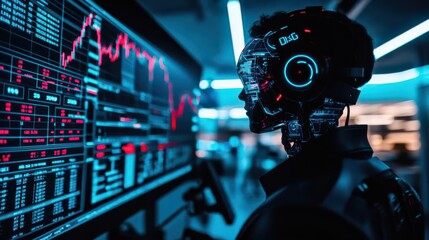 Fototapeta premium Robot monitoring stock trades through a holographic interface in a darkened trading room, data surveillance, robotic oversight in stock markets