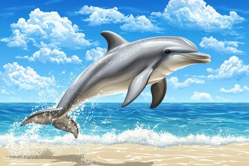 Majestic dolphin leaping out of the ocean with a sandy beach and blue cloudy sky in the background