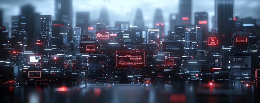 Futuristic cityscape, AI governance, digital control, holographic interfaces