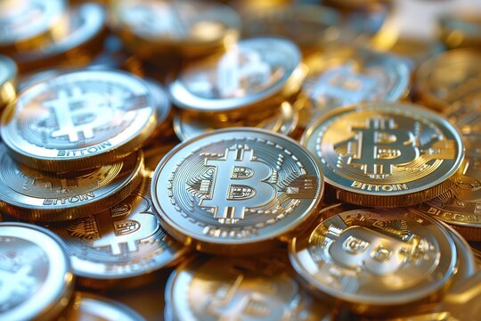 Pile of Bitcoin coins, cryptocurrency concept, finance and techn