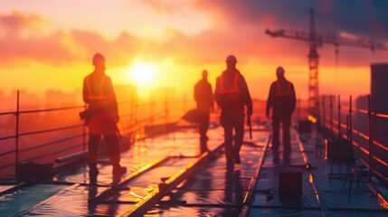 Fototapeta premium Silhouetted construction workers on a rooftop at sunrise, with cranes in the background and vibrant sky hues reflecting on the wet surface.