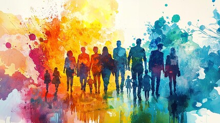 Group of people. LGBT Seamless Pattern. Silhouettes of diverse people painted in the colors of the rainbow. Pride Month.