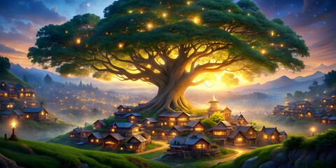 Fototapeta premium The Heart of the Enchanted Village: An ancient, glowing tree watches over a cozy village nestled in its roots, lanterns casting a warm glow against the twilight sky. 