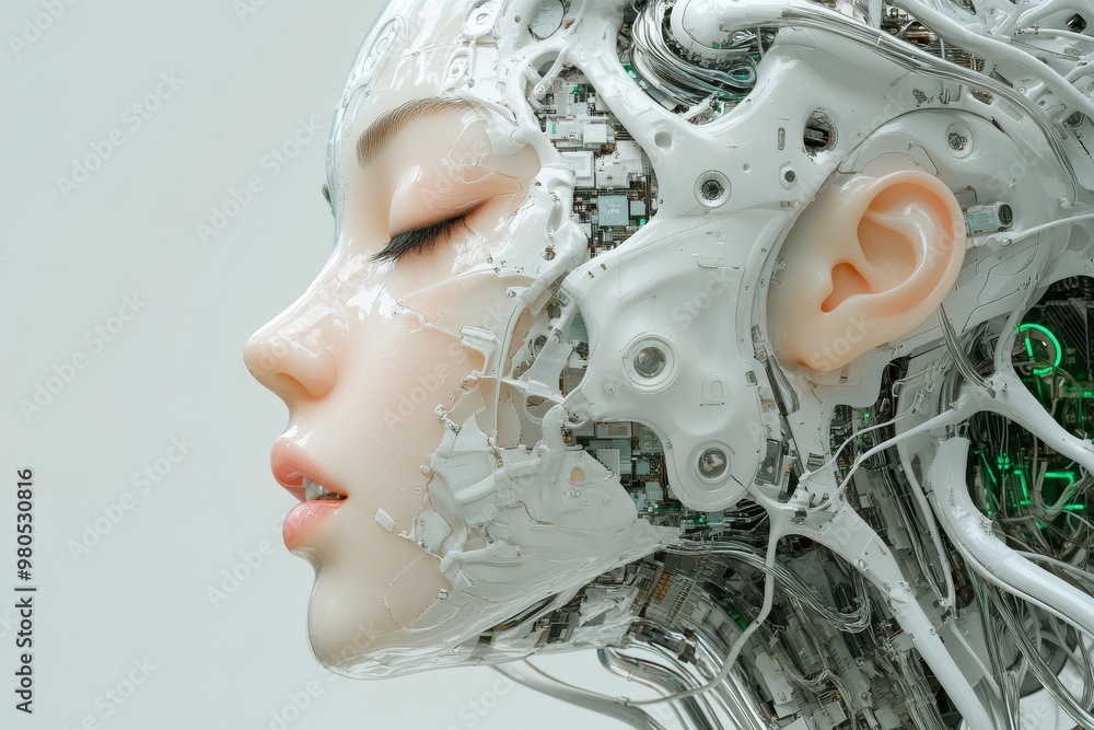 Poster side profile of robotic woman with closed eyes merging futuristic technology and organic elements in