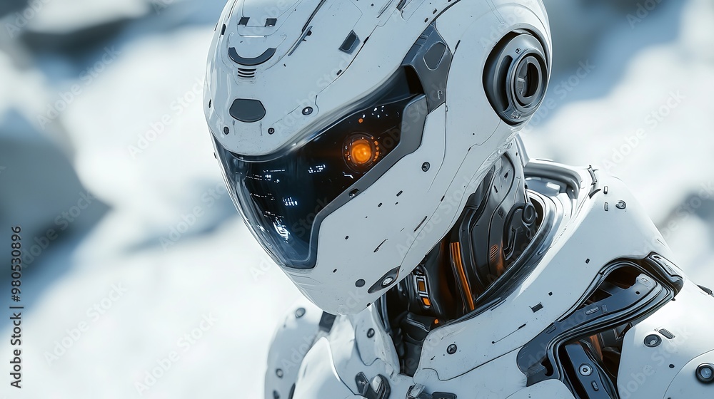 Poster futuristic robot with ai technology and digital overlays for automated software - 3d illustration